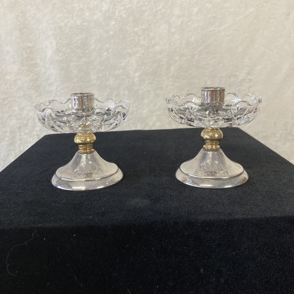 Pair Of Vintage Small Silver/Cut Crystal Taper Candle Holders - Picture 2 of 5